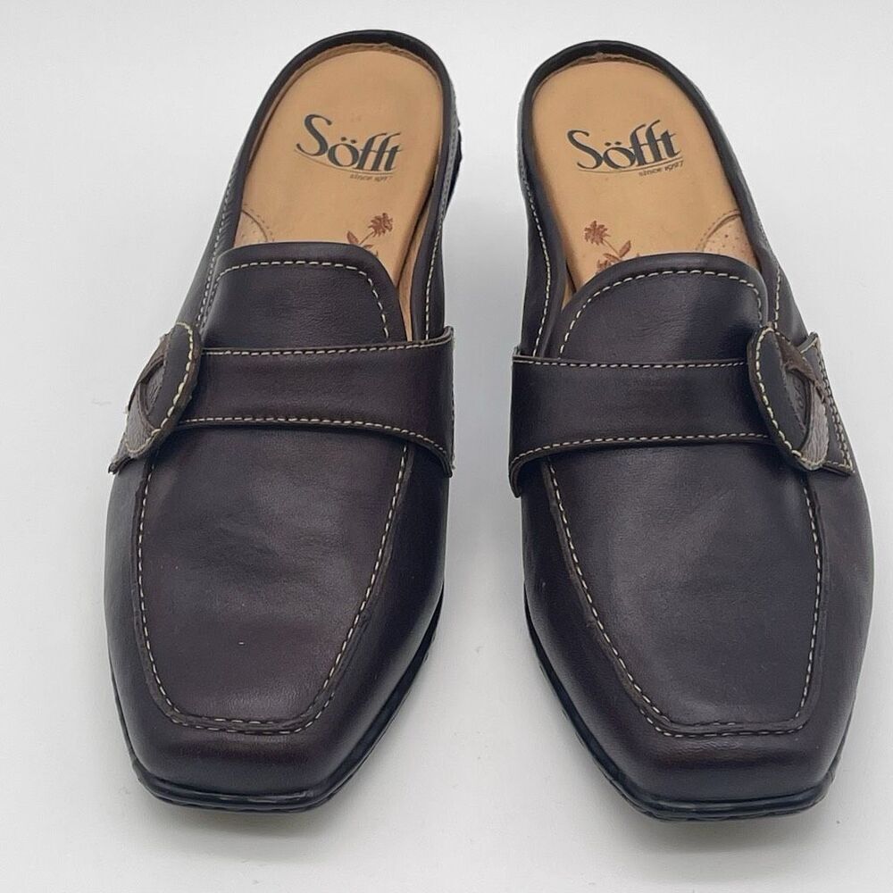 SOFFT Leather Slip-on Shoes Women’s Size 8.5 Cognac Brown Square Toe Kitten Heel